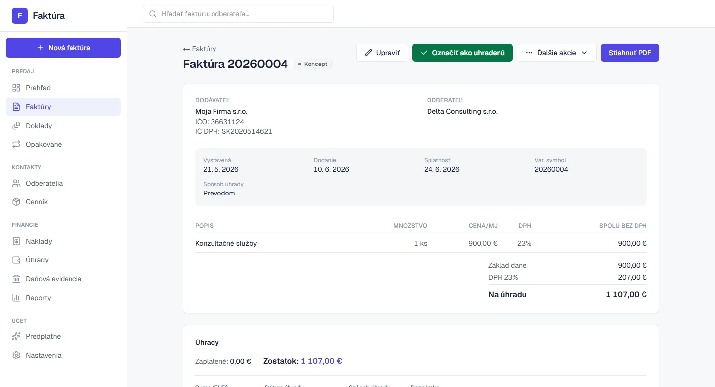 Detail faktúry s rekapituláciou DPH